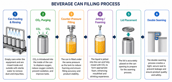 Beer can filling and sealing process from tank to can